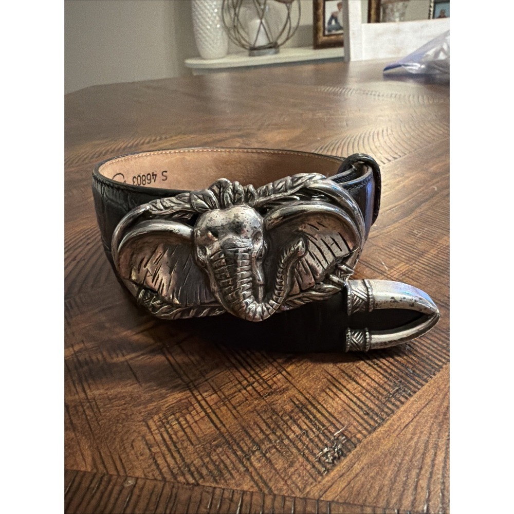 Brighton Safari Elephant Buckle Y2K Black Croc Embossed Leather Statement Belt S